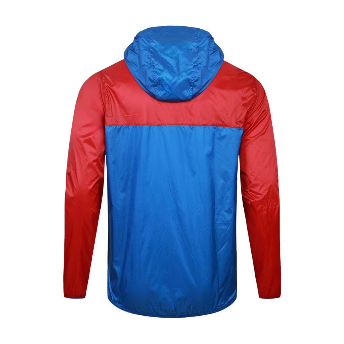 Front view of a male model styling a vibrant red and blue color-block lightweight windcheater jacket. This casual Unisex Windbreaker Jacket features a full zipper and a protective hood, making it a great outer layer for summer wear jacket. 7