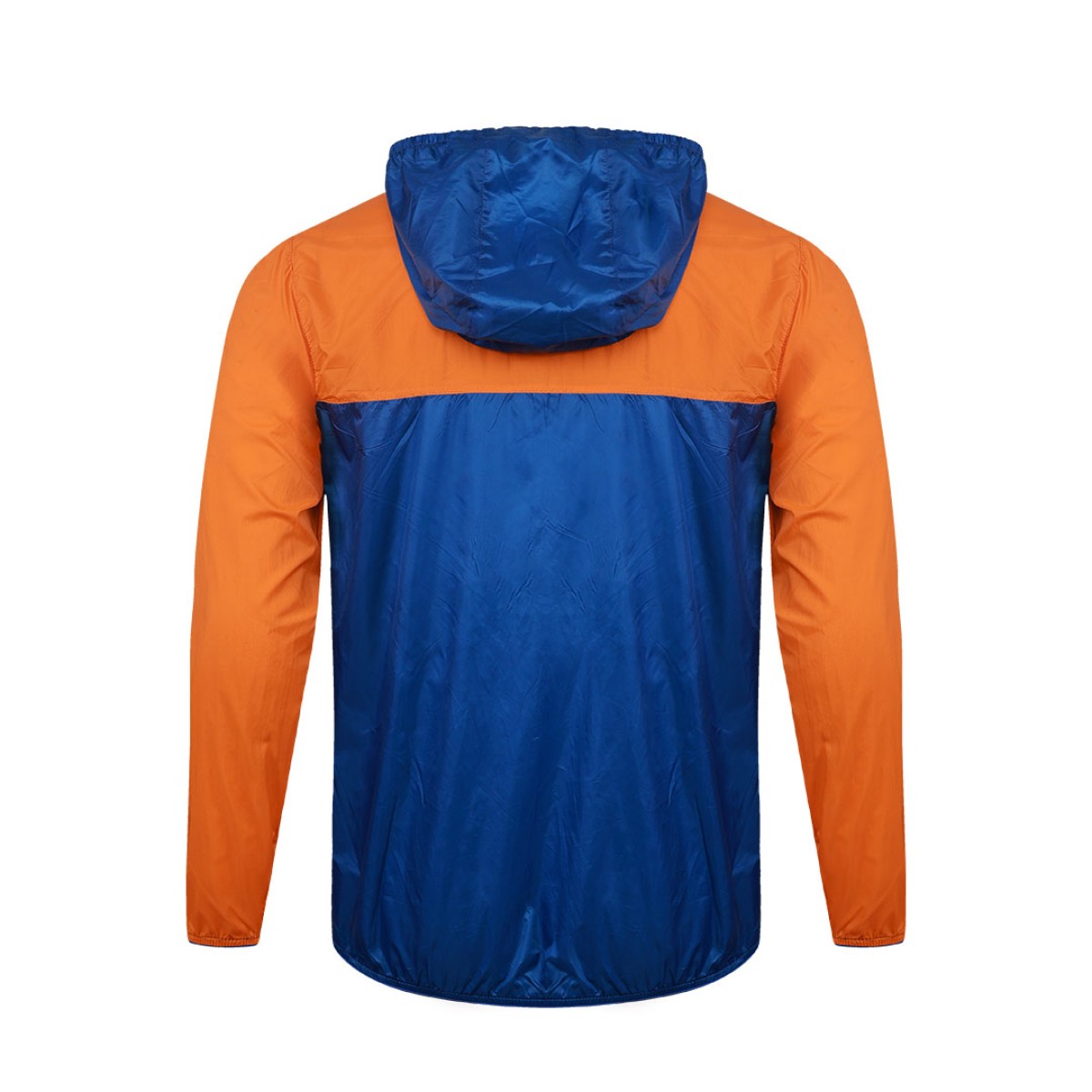 A smiling male model wearing the lightweight SkyShield Windcheater Jacket, featuring a bold red and bright blue color-block design, a full front zipper and an adjustable hood 1
