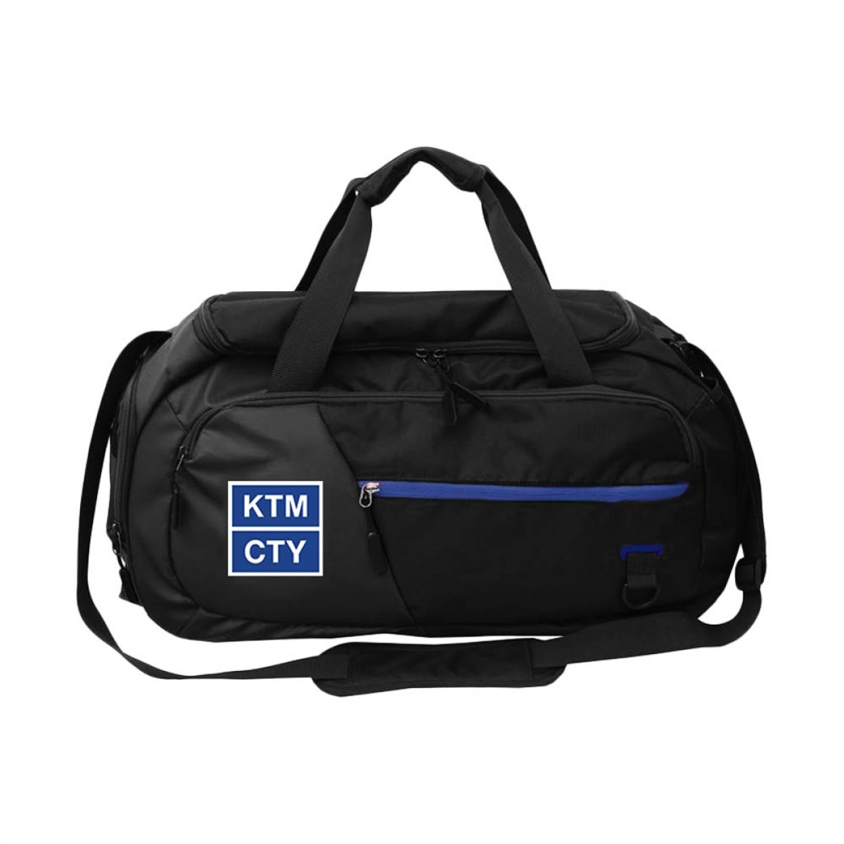A black KTM CTY duffle bag featuring a blue square logo, a padded shoulder strap, top carrying handles, and an open zippered side shoe compartment 0