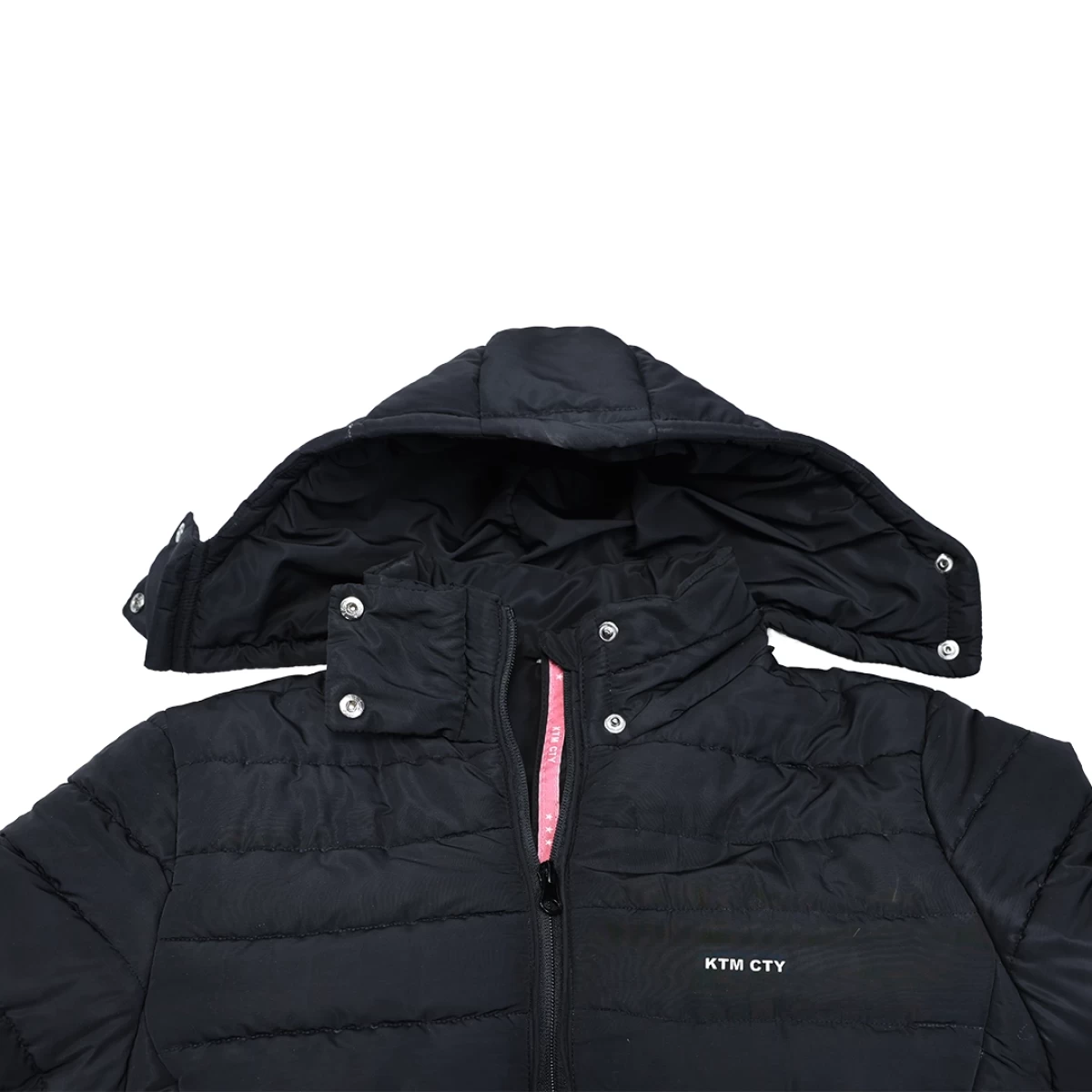 Women's black Stella Quilted Parka Jacket by KTM CTY, side view, showing snap-button adjustable hood, high collar, full front zip, and zippered hip pockets with pull-tabs for her 1