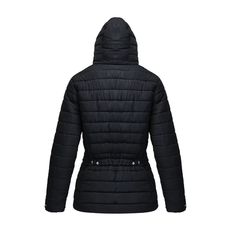Women's black Stella Quilted Parka Jacket by KTM CTY, side view, showing snap-button adjustable hood, high collar, full front zip, and zippered hip pockets with pull-tabs for her 0