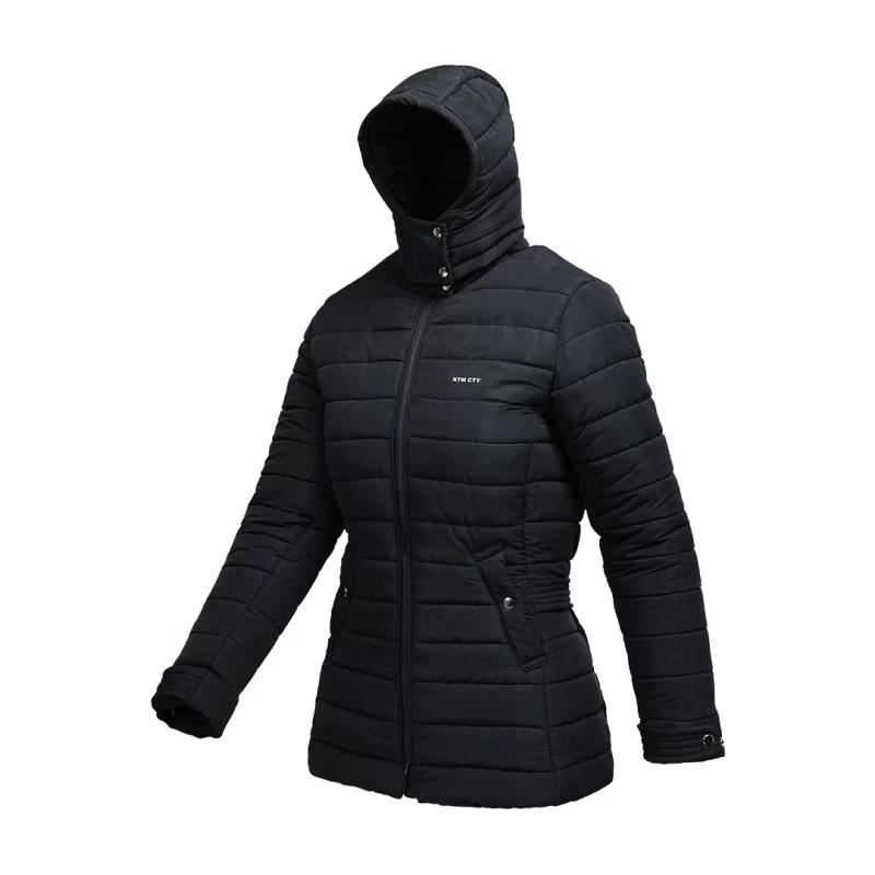 Women's black Stella Quilted Parka Jacket by KTM CTY, side view, showing snap-button adjustable hood, high collar, full front zip, and zippered hip pockets with pull-tabs for her 0