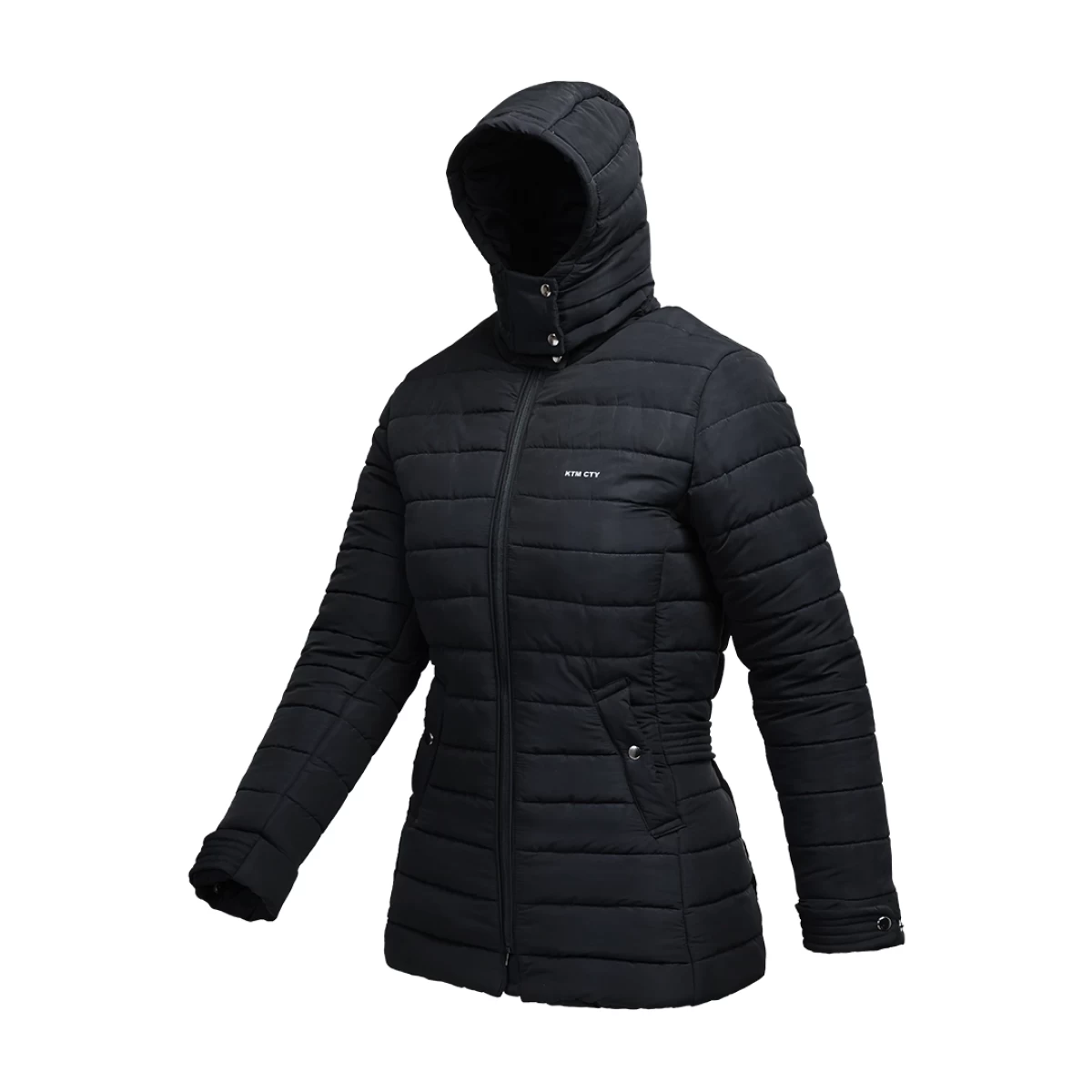 KTM CTY Stella Template Parka Jacket in black with hood and quilted design for winter wear