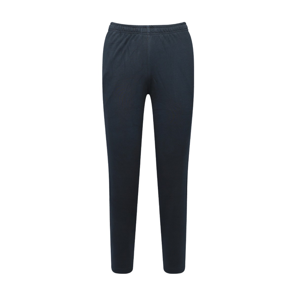Front view of a pair of dark navy blue unisex knit summer trousers, a versatile summer wear staple 1