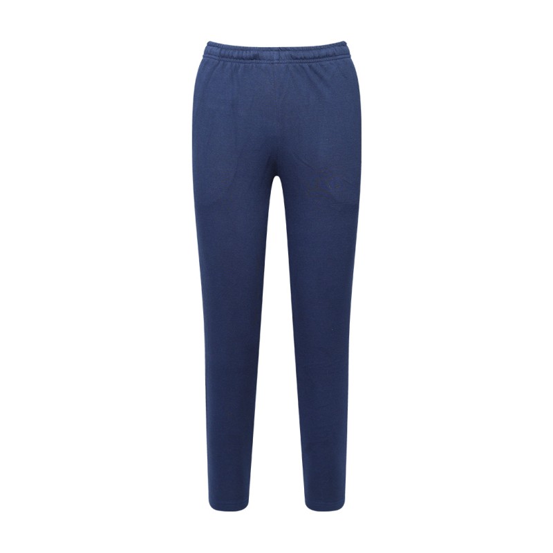 Front view of a pair of dark navy blue unisex knit summer trousers, a versatile summer wear staple 0