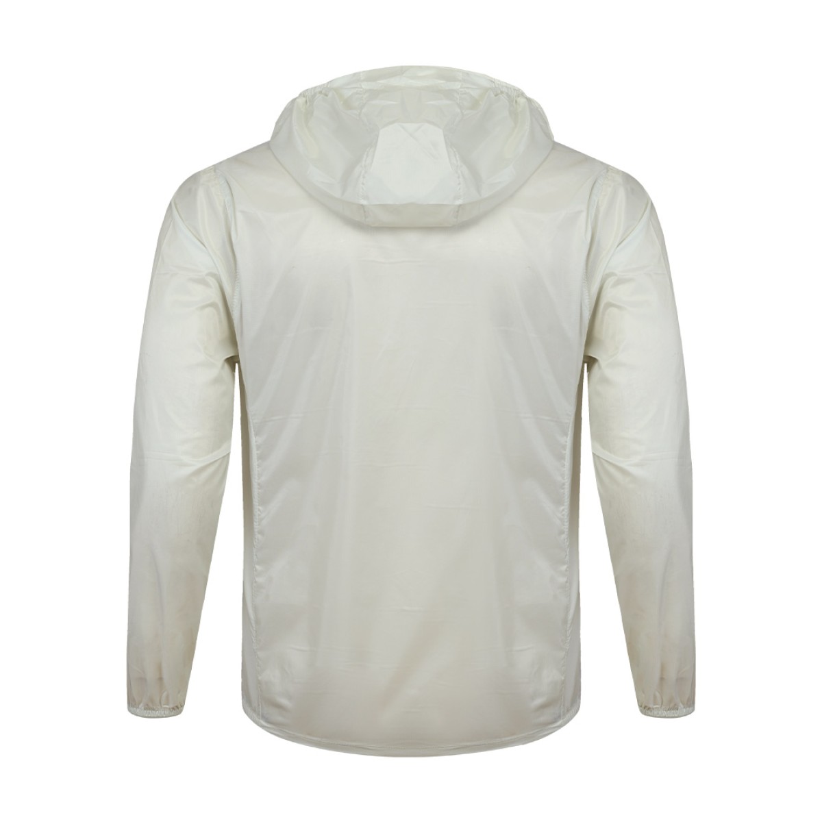 A front view of a solid black Unisex Windcheater Jacket. This zip-up lightweight windbreaker jacket features a protective hood and long sleeves, making it an ideal outer layer for breezy summer wear 3