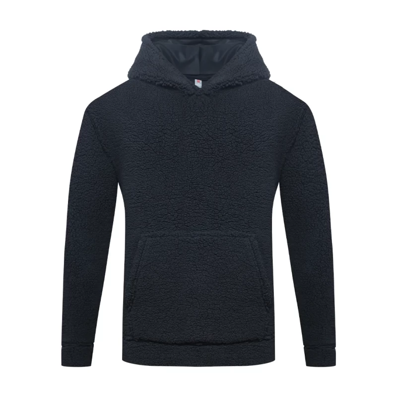 A black, textured sherpa fleece pullover hoodie featuring a front kangaroo pocket and a lined hood